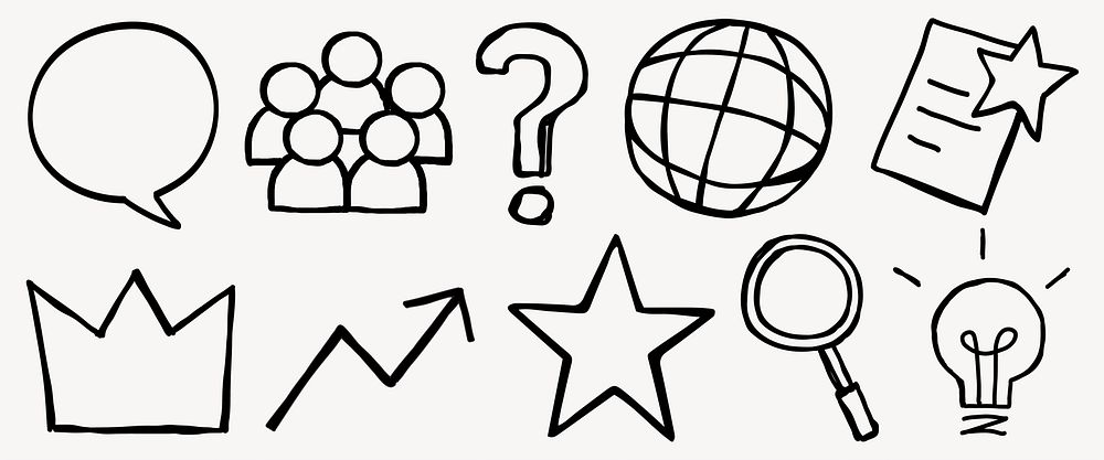 Hand-drawn icons include speech bubble, group, question mark, globe, document, crown, chart, star, magnifying glass, and…