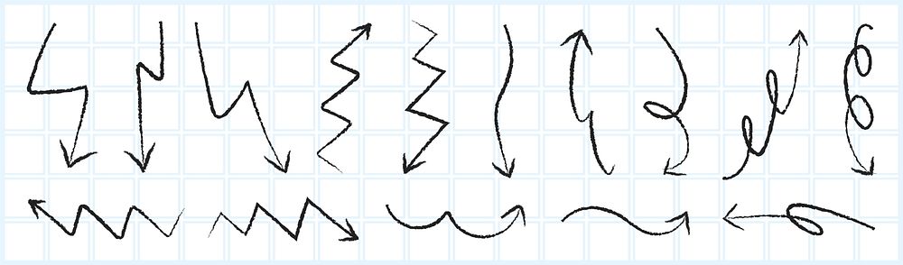 Hand-drawn arrows in various styles on grid paper. Zigzag arrows, curved arrows, and straight arrows. Sketchy arrows…