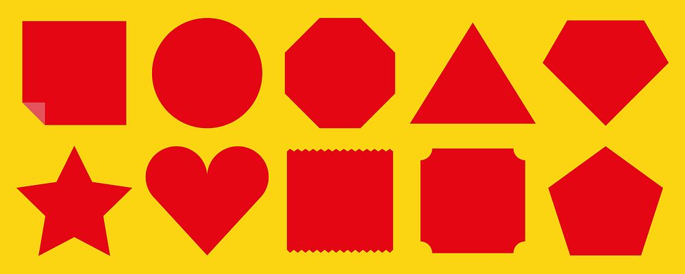 Red geometric shapes on a yellow background. Shapes include circle, square, triangle, star, and heart. Bright red shapes…