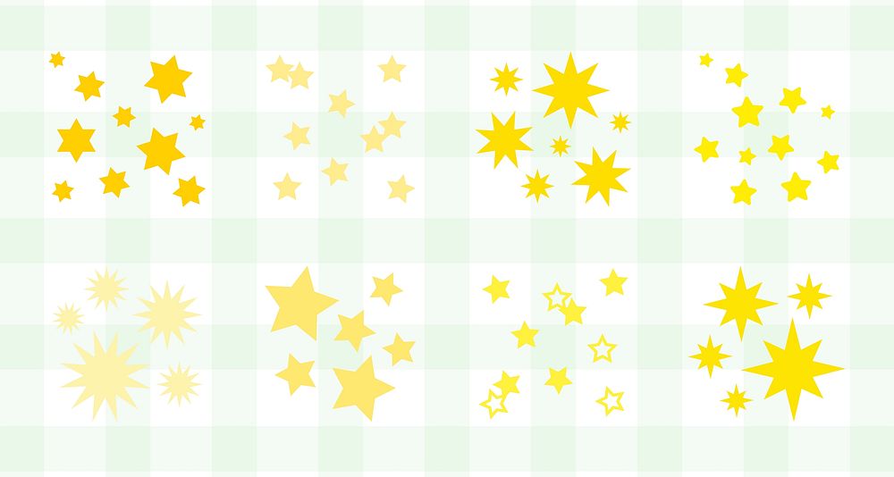 Bright yellow stars on a light green checkered background. Stars in various sizes, stars scattered, stars clustered. Yellow…