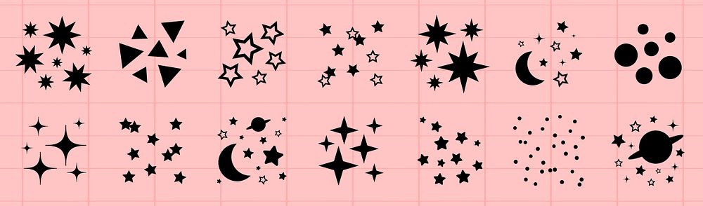 Set of black star, moon, and planet icons on a pink grid background. Stars, moons, and planets in various styles. Celestial…