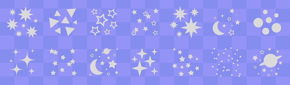 Collection of star and moon icons on a purple background. Stars and moons in various styles. Decorative star and moon…