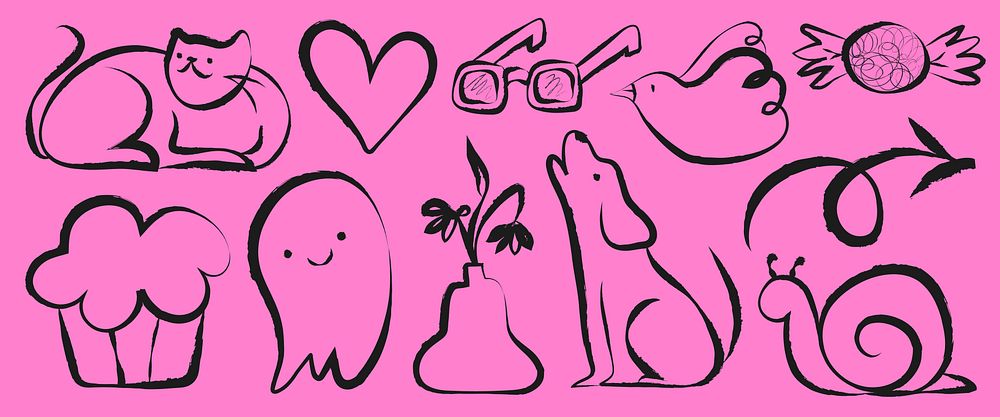 Playful doodles of a cat, heart, glasses, bird, candy, cupcake, ghost, plant, dog, and snail on a pink background. Fun and…