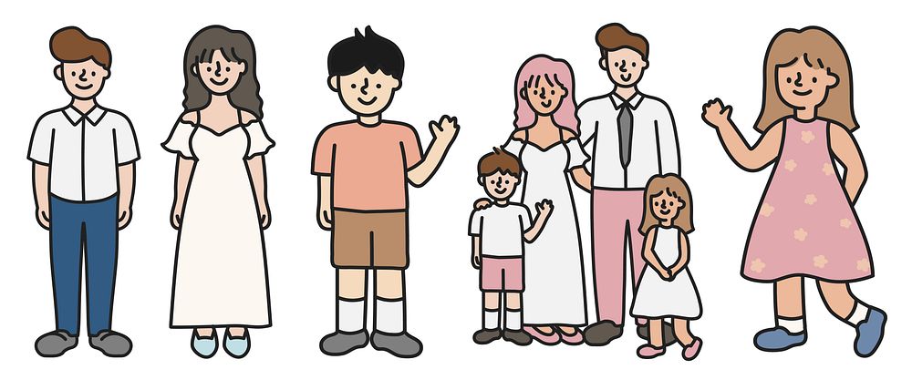 Cartoon family illustration with diverse characters. Smiling cartoon figures, men, women, and children. Diverse cartoon…