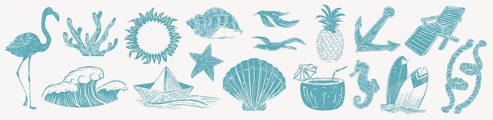 Tropical beach icons in teal: flamingo, seashells, waves, pineapple, and surfboards. Perfect for summer, beach, and tropical…