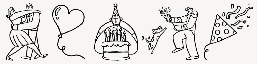 Line art of a couple dancing, a birthday cake with candles, a dog jumping, and a person celebrating with confetti.…