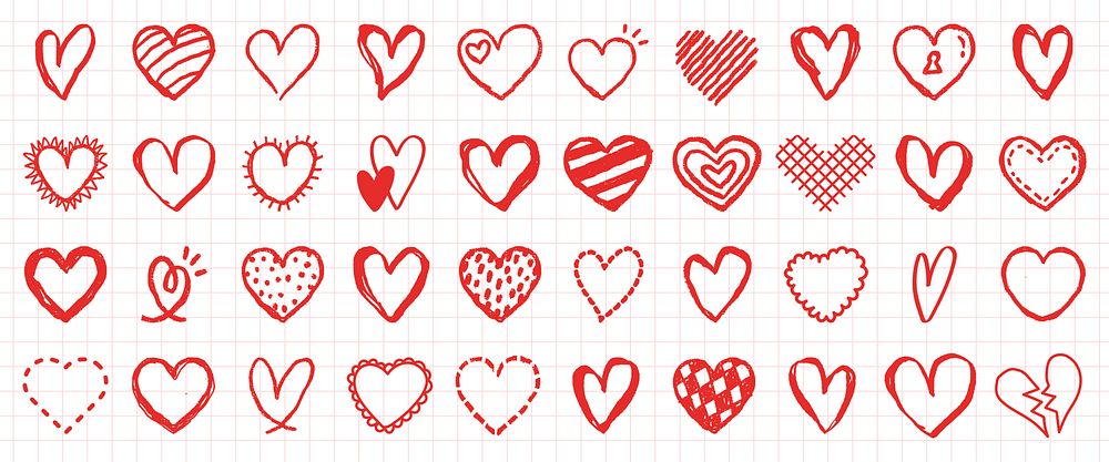 Collection of hand-drawn red hearts in various styles on graph paper. Doodle hearts, sketch hearts, and creative heart…