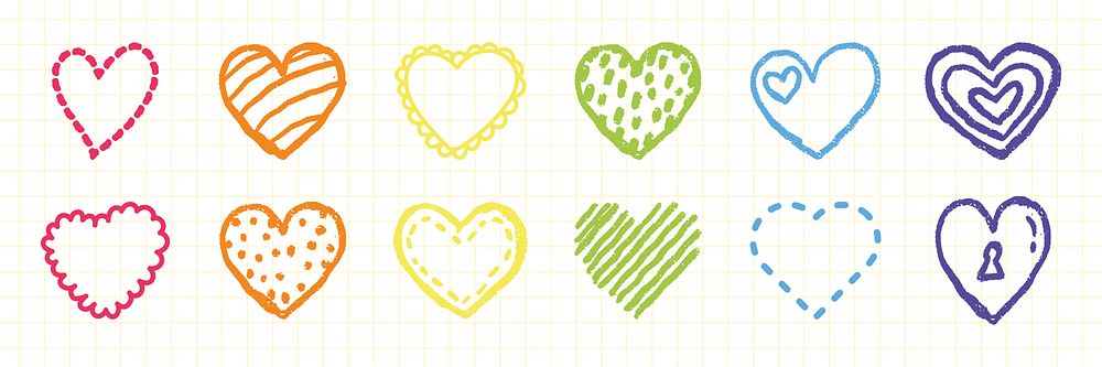 Colorful heart doodles in various styles and colors. Hearts in red, orange, yellow, green, blue, and purple. Heart patterns…