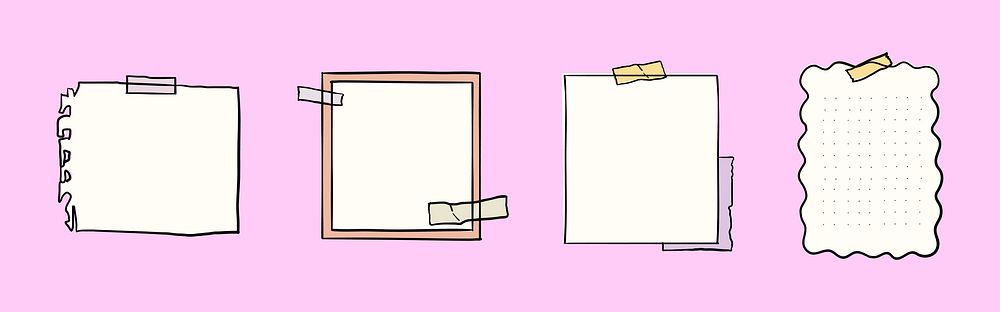 Illustration of four blank paper notes with tape on a pink background. Each note has a unique border design. Perfect for…