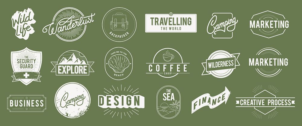 Set of vintage-style badges with themes like camping, marketing, and design. Includes labels for coffee, travel, and…