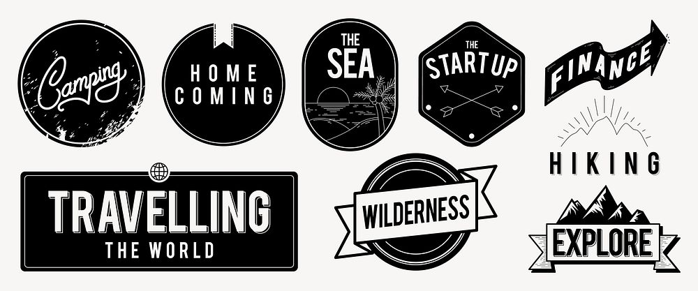 Vintage travel and adventure badges. Themes: camping, hiking, exploring. Includes startup, finance, homecoming, sea…