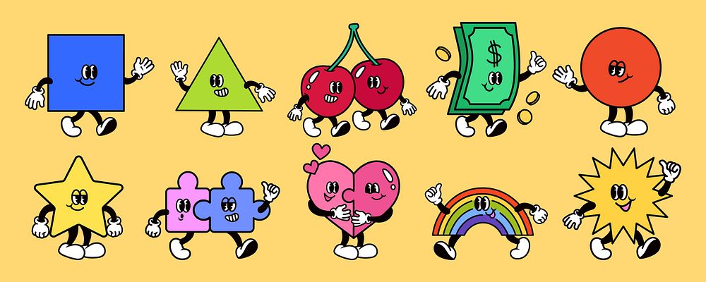 Colorful cartoon shapes with faces and limbs: square, triangle, cherries, money, circle, star, puzzle, heart, rainbow, sun.…