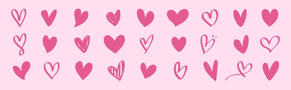 A collection of pink heart illustrations on a pink background. Various heart shapes, pink hearts, hand-drawn hearts, and…