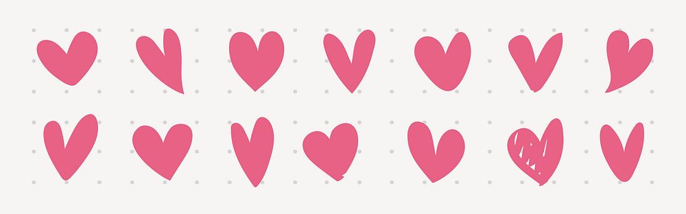 Pattern of pink hearts on a white background. Various heart shapes, pink hearts, heart design. Repeated pink hearts, heart…