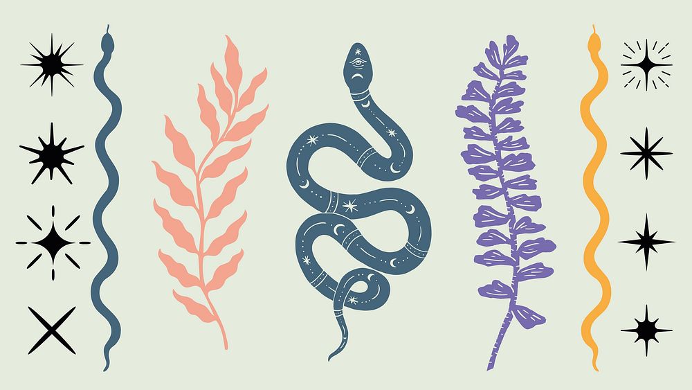 Illustration of snakes and plants. Snakes in blue and orange. Plants in pink and purple. Stars scattered. Snakes and plants…