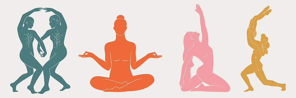 Silhouettes of diverse yoga poses: two figures dancing, a person meditating, a woman stretching, and a figure balancing.…