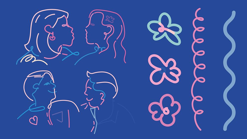 Colorful line art of diverse couples and abstract shapes. Features male and female figures, butterflies, and wavy lines in…