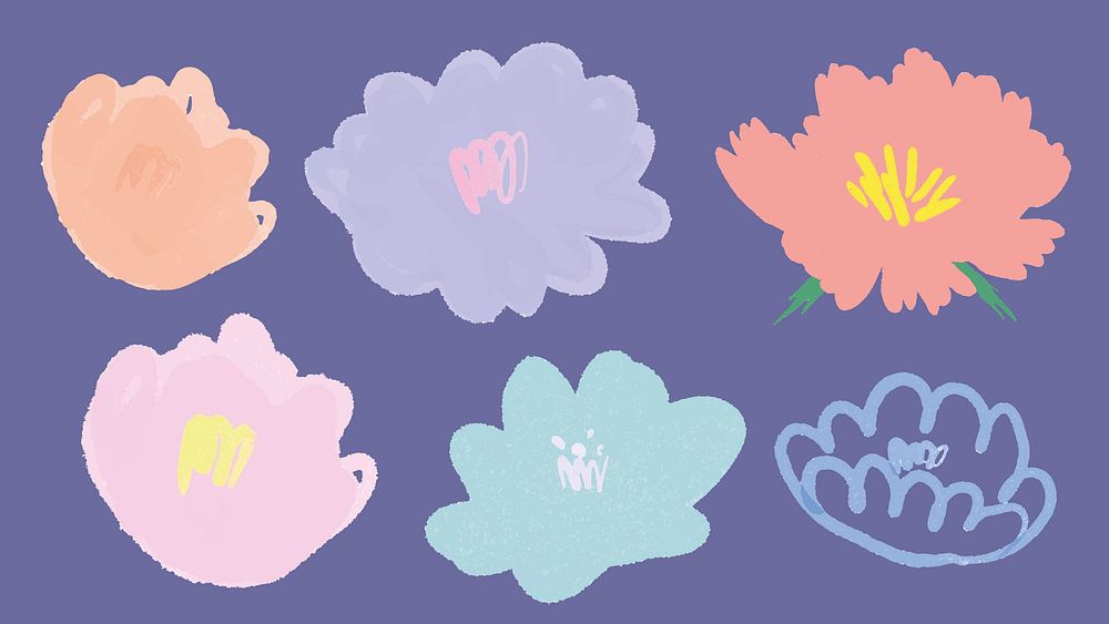 Colorful abstract flowers on a purple background. Six floral designs in pastel shades. Flowers in pink, blue, and orange.…