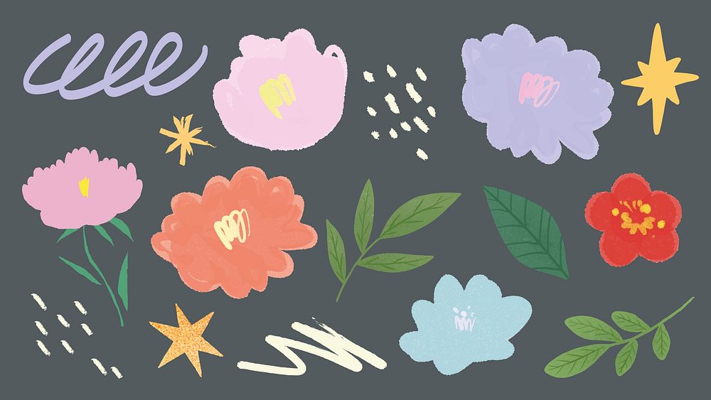 Colorful floral doodles with leaves and stars on a dark background. Includes pink, orange, and blue flowers, green leaves…