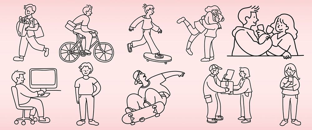 Line art of diverse people in various activities: cycling, skateboarding, working, hugging. Men and women in casual…