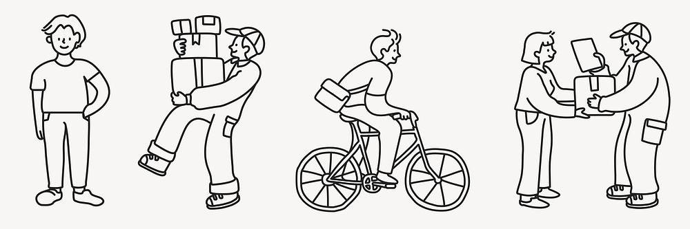 Line art of people: man carrying boxes, person cycling, two people exchanging packages. Simple, monochrome illustrations of…