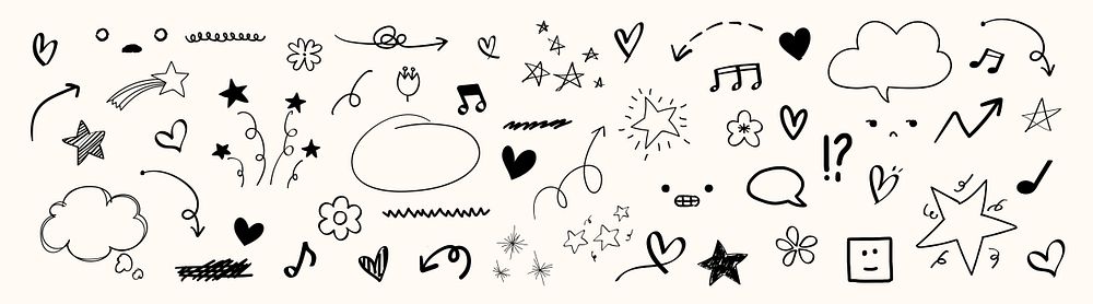 Doodles of stars, hearts, arrows, and music notes. Fun, whimsical doodles with clouds and flowers. Playful doodles in black…