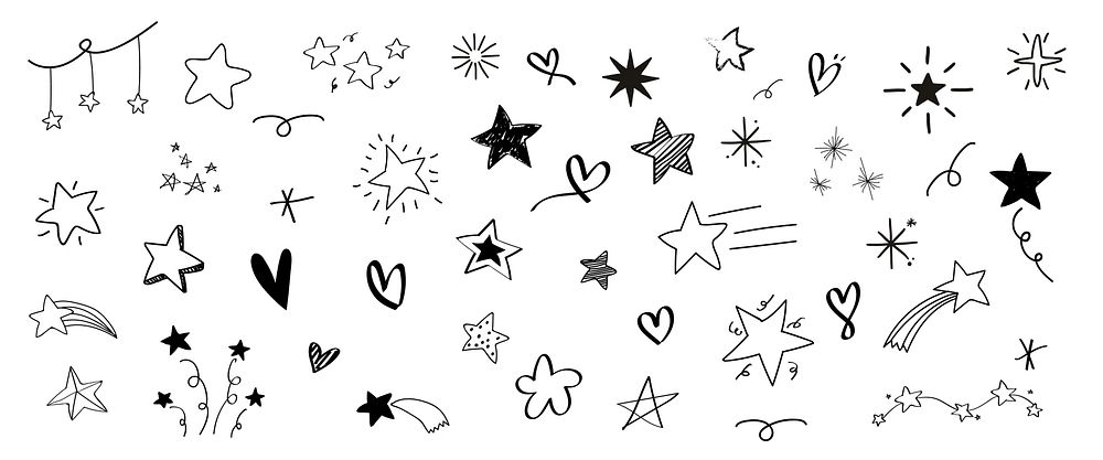 Collection of hand-drawn stars and hearts. Stars in various styles, hearts in different shapes. Doodles of stars and hearts…