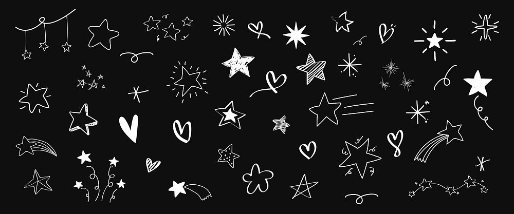 A collection of hand-drawn stars and hearts on a black background. Stars and hearts in various styles. Whimsical stars and…