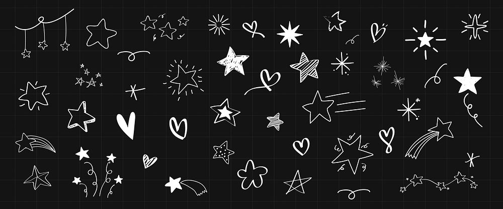 Chalkboard doodles of stars and hearts. Various star and heart designs. Whimsical stars and hearts on a black background.…