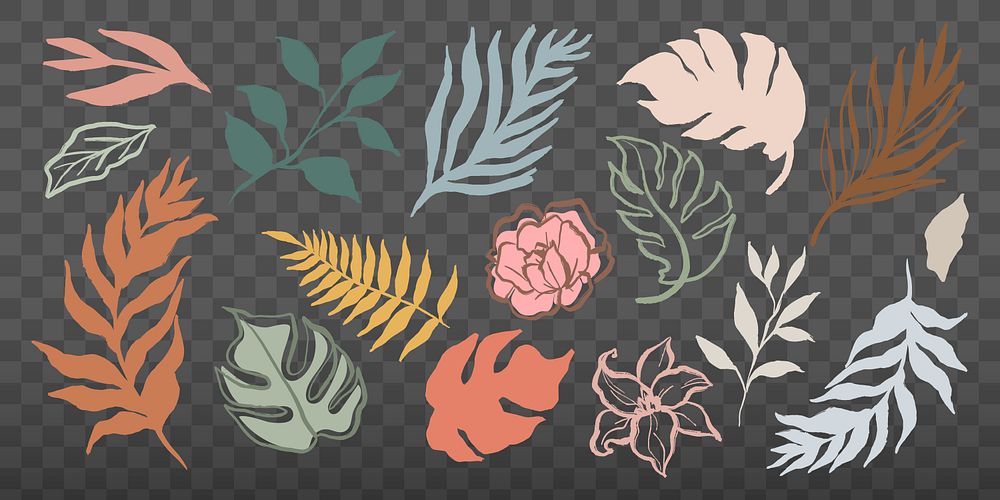 Colorful leaf illustrations on transparent background. Various leaf shapes and colors. Botanical leaf designs, perfect for…