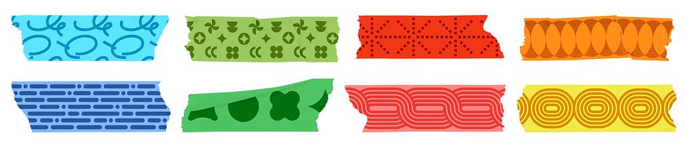 Colorful decorative tapes with various patterns: blue, green, red, and orange. Patterns include geometric, abstract, and…