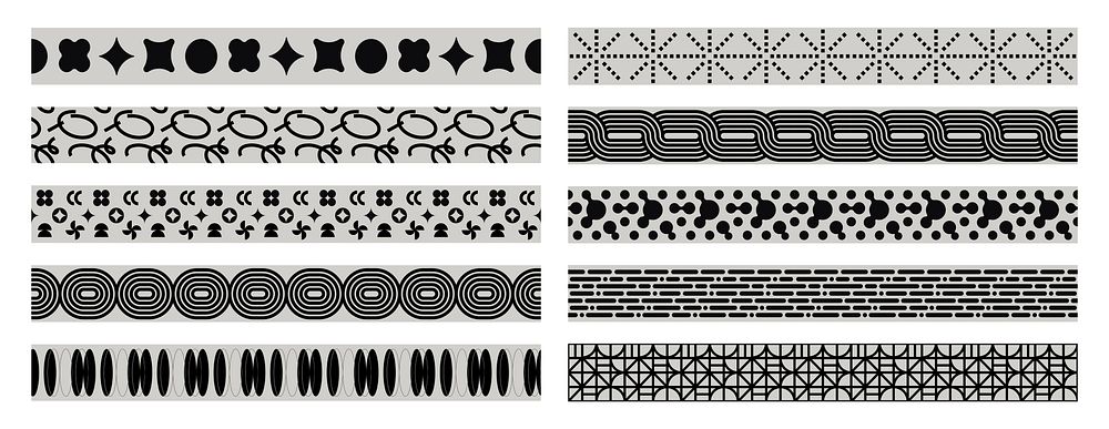 Set of geometric patterns with circles, lines, and shapes. Black and white geometric designs, perfect for borders and…