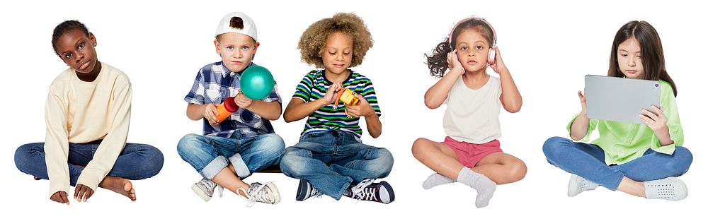 Diverse group of children sitting and playing. Kids with toys, tablet, and relaxed poses. Multicultural children having fun…