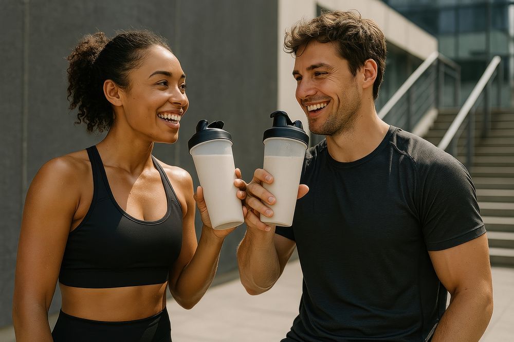 Fitness enthusiasts enjoying protein shakes. Free Photo rawpixel