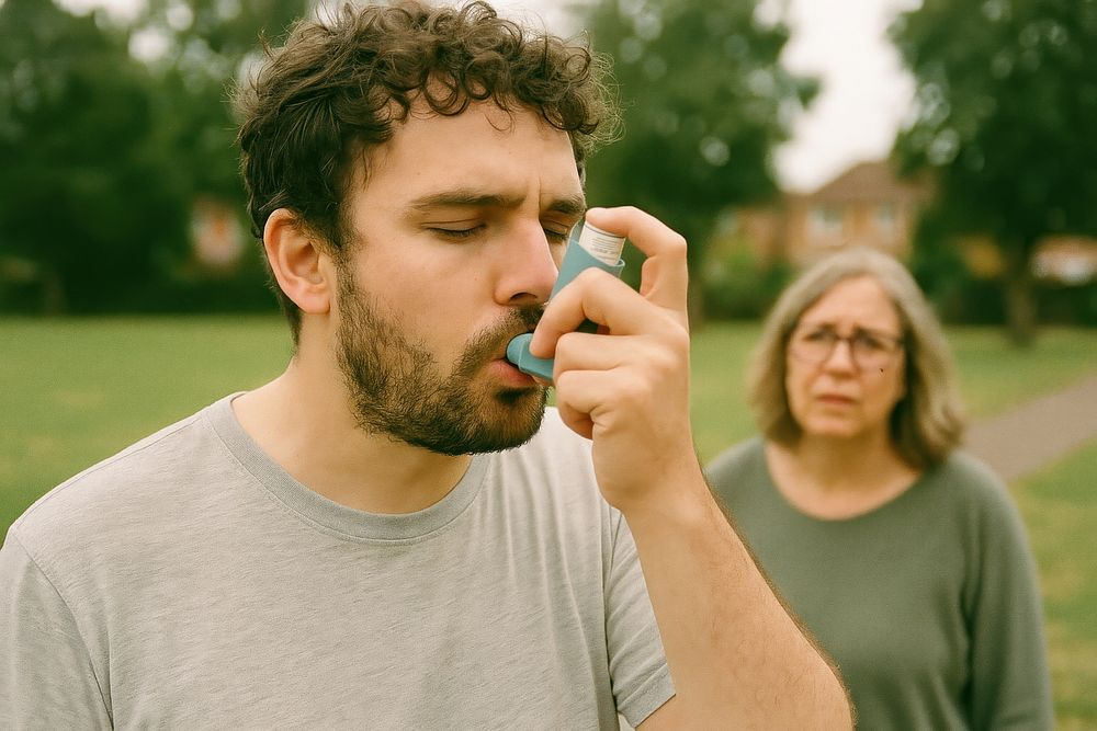 Man using inhaler outdoors. | Free Photo - rawpixel
