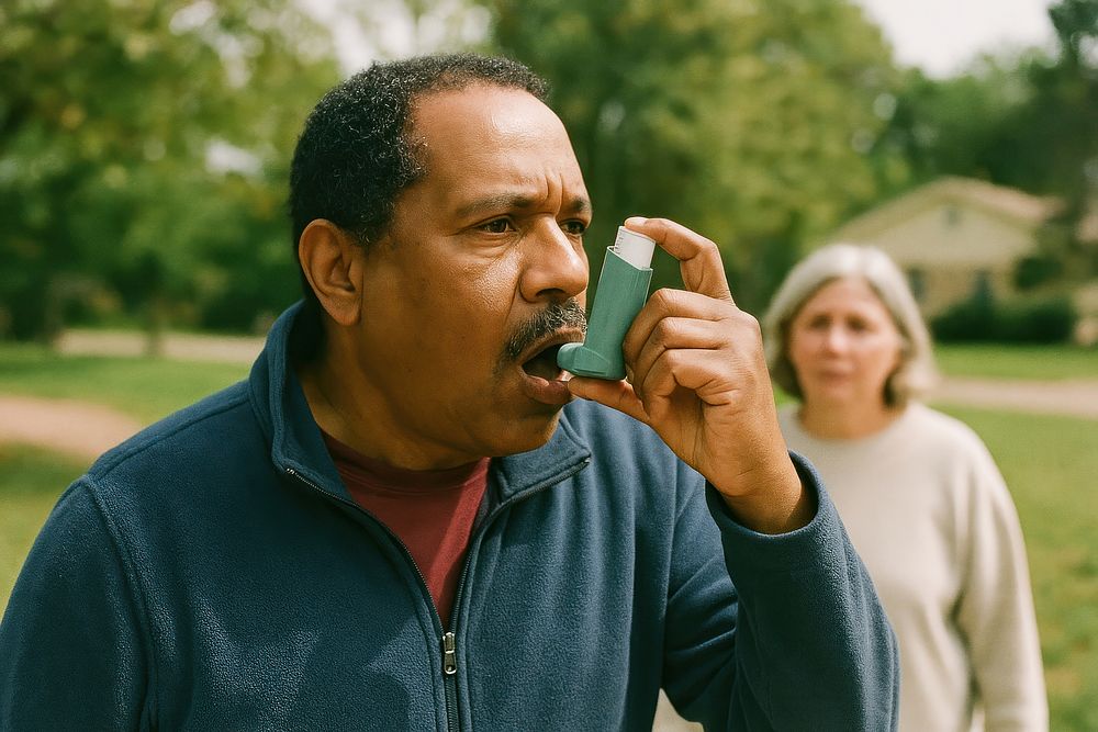Man using inhaler outdoors. | Free Photo - rawpixel
