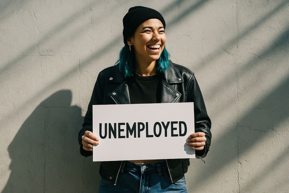 Smiling person holding unemployment sign | Free Photo - rawpixel