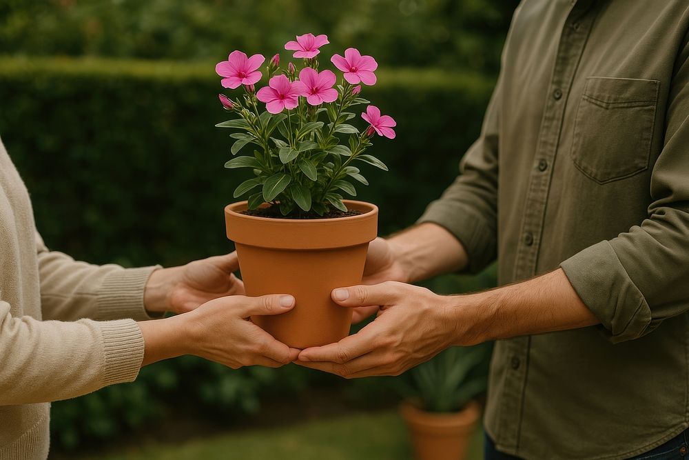 Sharing potted pink flowers outdoors. Free
