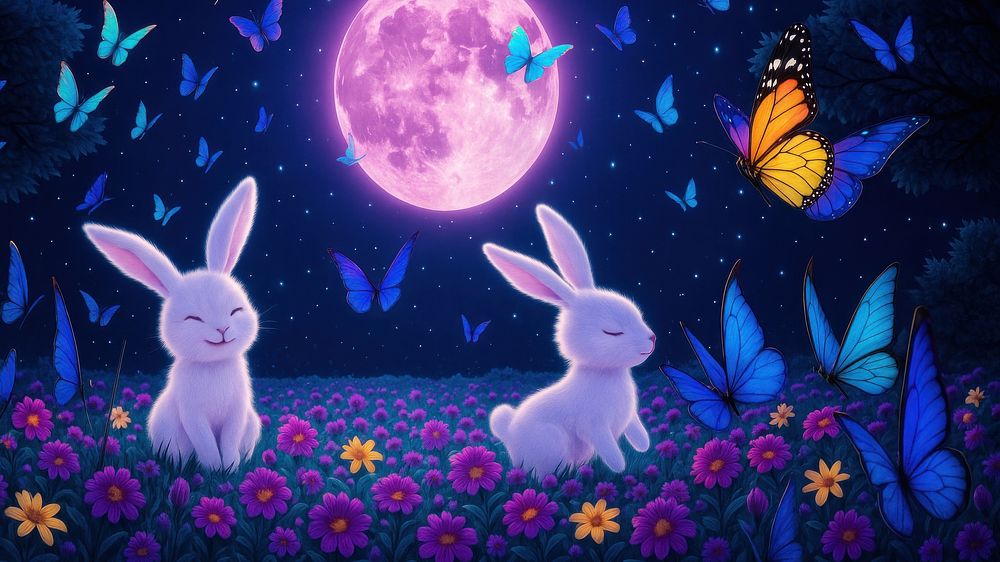 Whimsical rabbits under moonlight | Free Photo Illustration - rawpixel