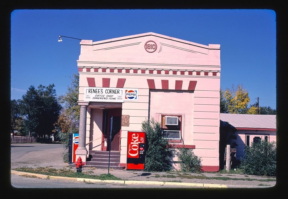 Renee's Corner Cafe (bank), facade, Route 52 and Main Street, Sawyer, North Dakota (1987) photography in high resolution by…