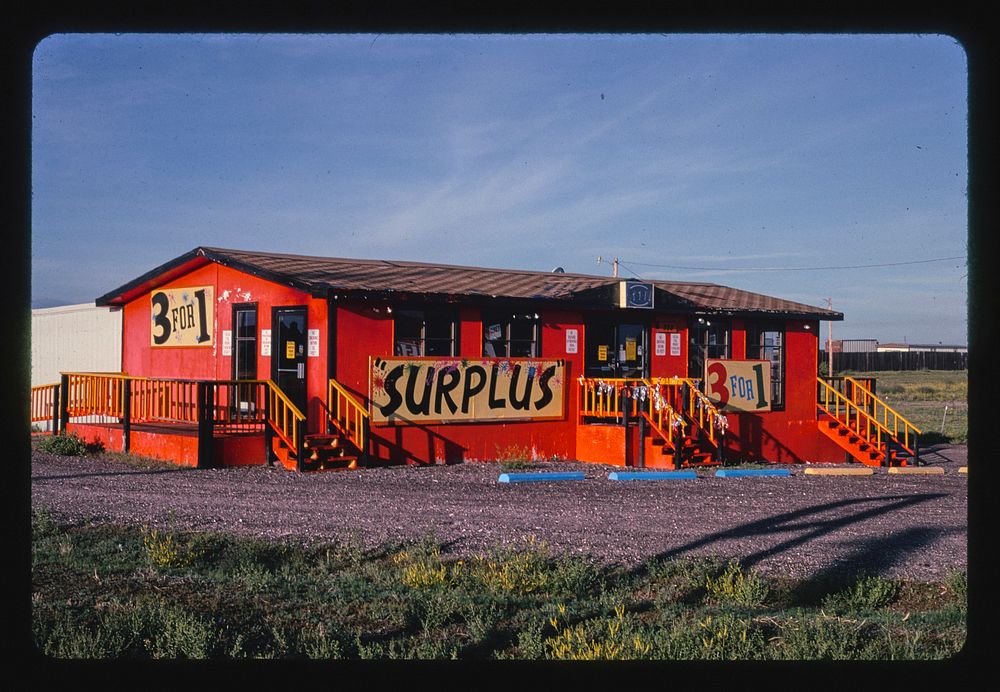 Surplus 3 for 1, Route 85, Greeley Road, Cheyenne, Wyoming (2004) photography in high resolution by John Margolies. Original…