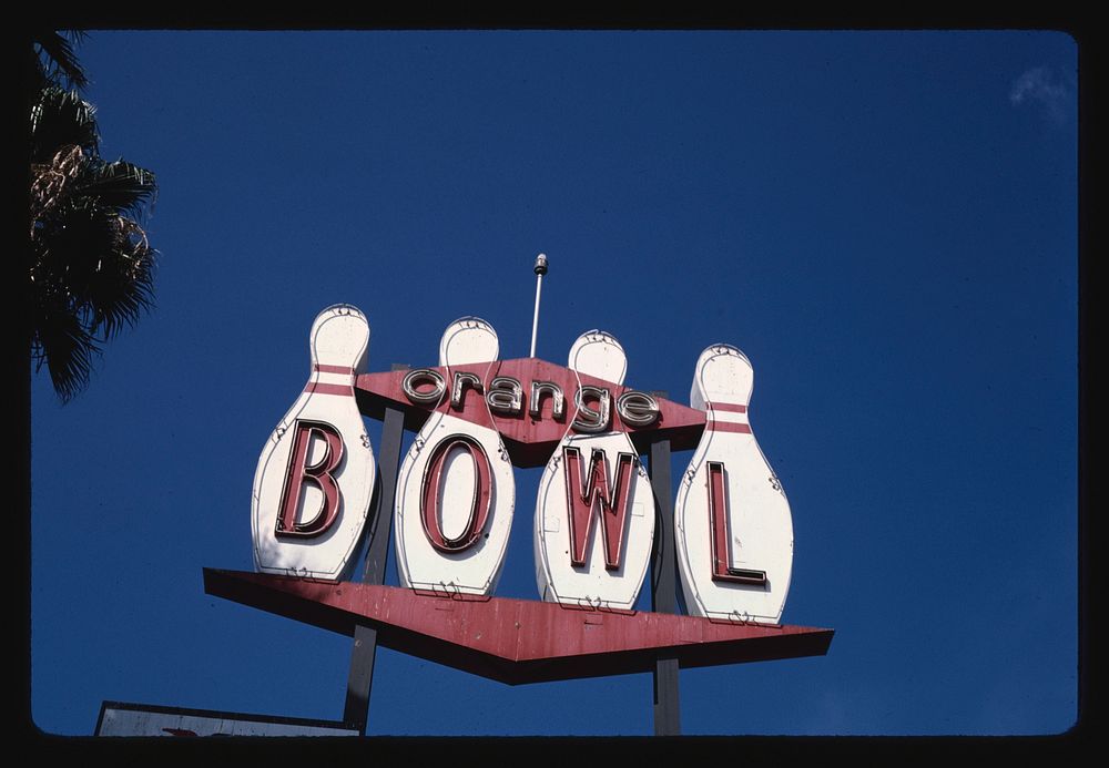 Orange Bowl sign, Rialto, California (1991) photography in high resolution by John Margolies. Original from the Library of…