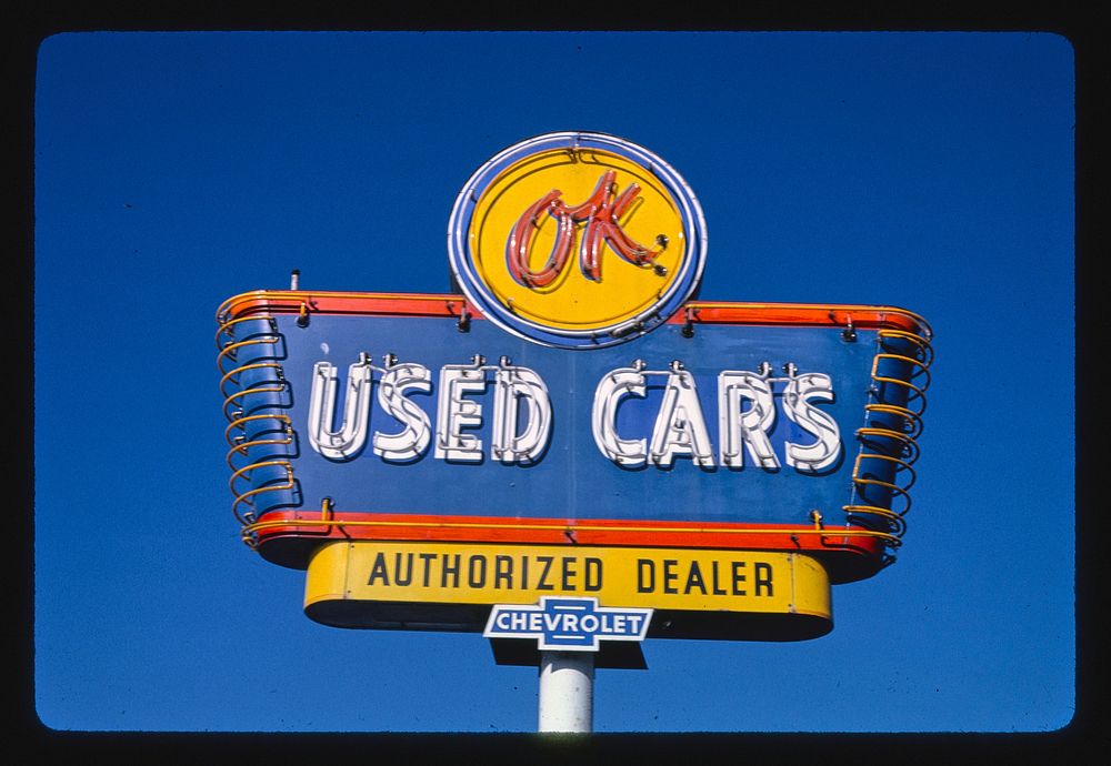 OK Used Car sign, Arcata, California (1991) photography in high resolution by John Margolies. Original from the Library of…