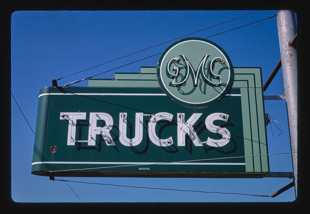 GMC Trucks sign, Greensburg, Kansas (1993) photography in high resolution by John Margolies. Original from the Library of…
