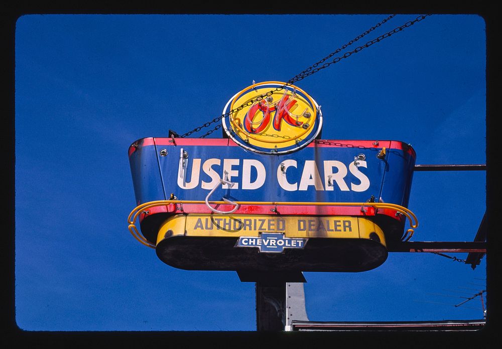 OK Used Car sign, Hinckley, Illinois (1987) photography in high resolution by John Margolies. Original from the Library of…