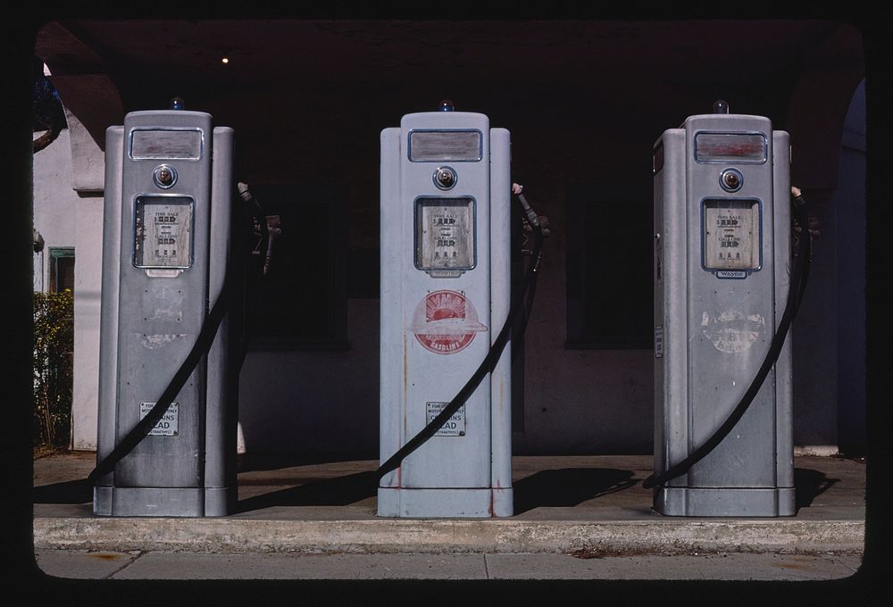 Olympic gas pumps, El Cajon, California (1977) photography in high resolution by John Margolies. Original from the Library…