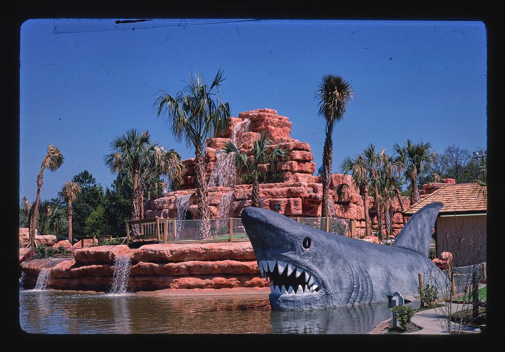 Rainbow Falls mini golf, shark, Myrtle Beach, South Carolina (1988) photography in high resolution by John Margolies.…