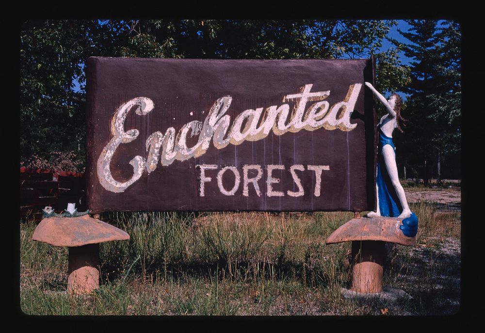 Mystery Ridge & Enchanted Forest, sign, Au Sable, Michigan (1988) photography in high resolution by John Margolies. Original…