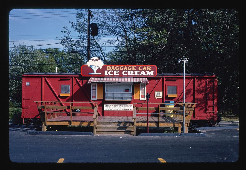 Baggage Car Ice Cream, Old Orchard Beach, Maine (1984) photography in high resolution by John Margolies. Original from the…