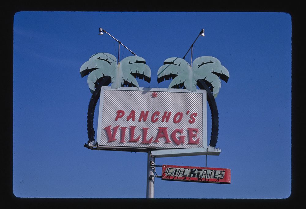 Pancho's Village Cocktails sign, Salinas, California (1991) photography in high resolution by John Margolies. Original from…